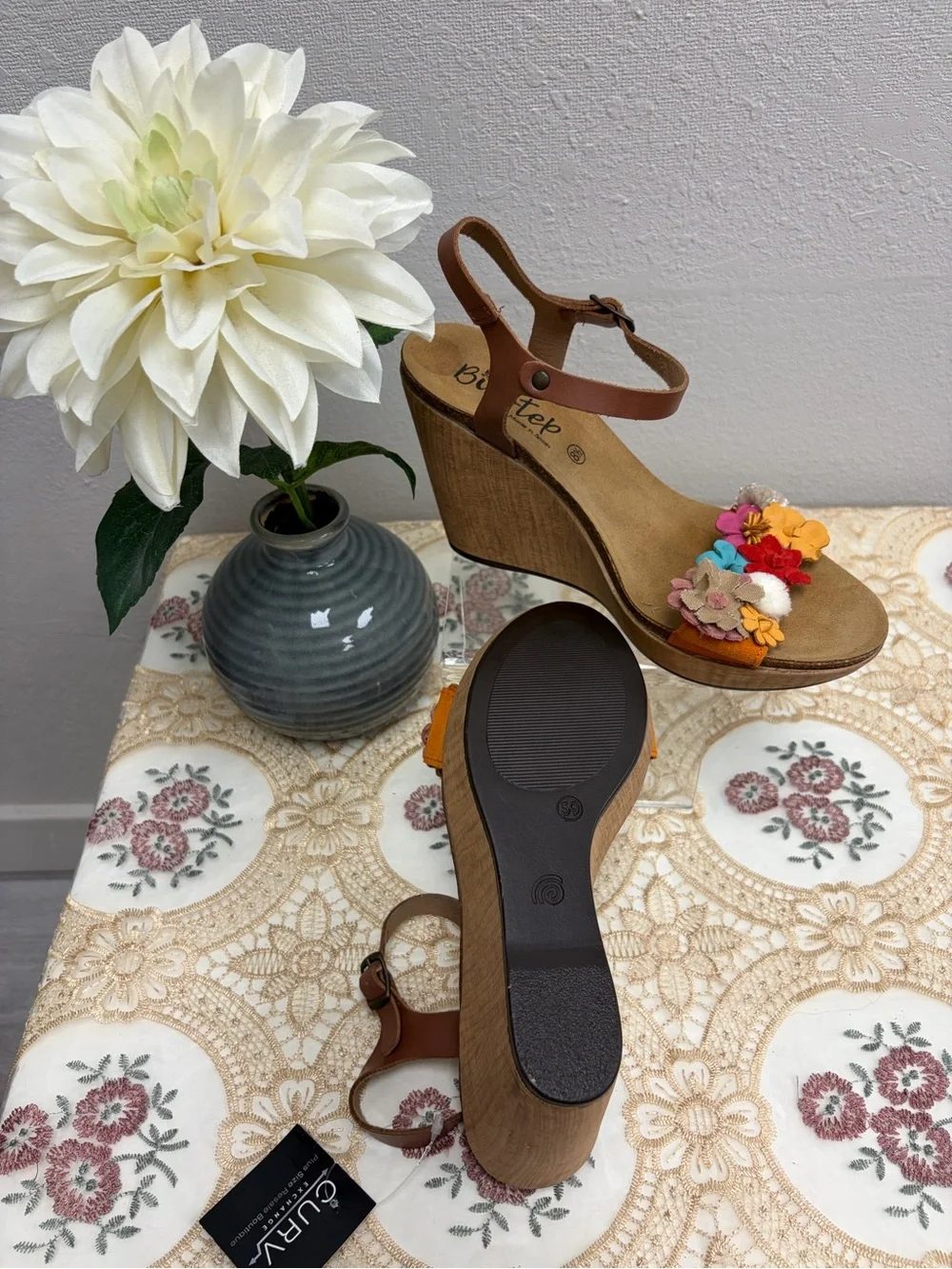 Bio-Step Boho Floral Brown Wedge Sandals